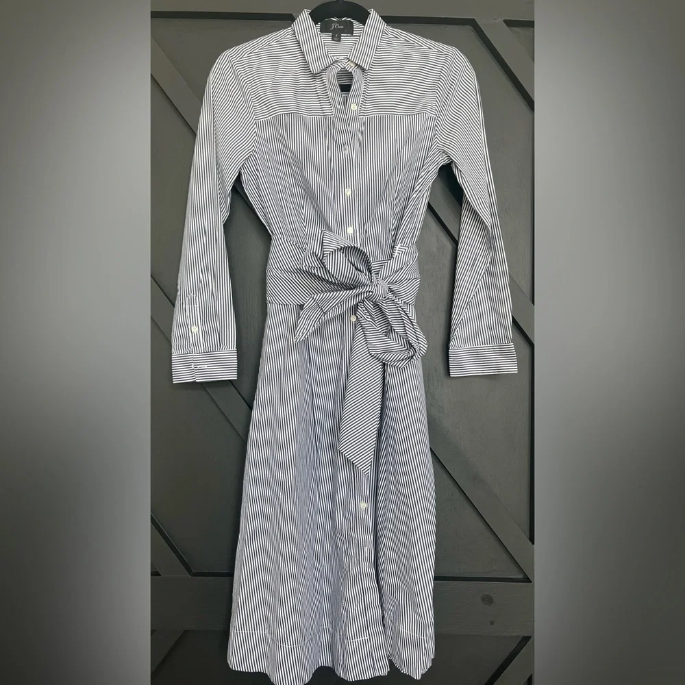 J. Crew Tie-Waist Shirt-Dress with Navy/White Stripes in cotton poplin, Size 2 - Picture 3 of 6